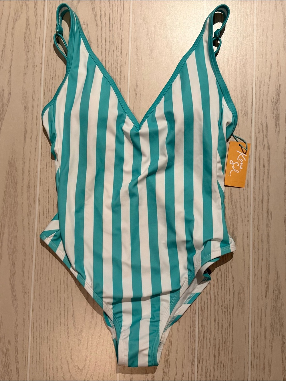 Kona Sol Women’s One Piece Swimsuit Medium 8/10 Teal White Stripe NWT